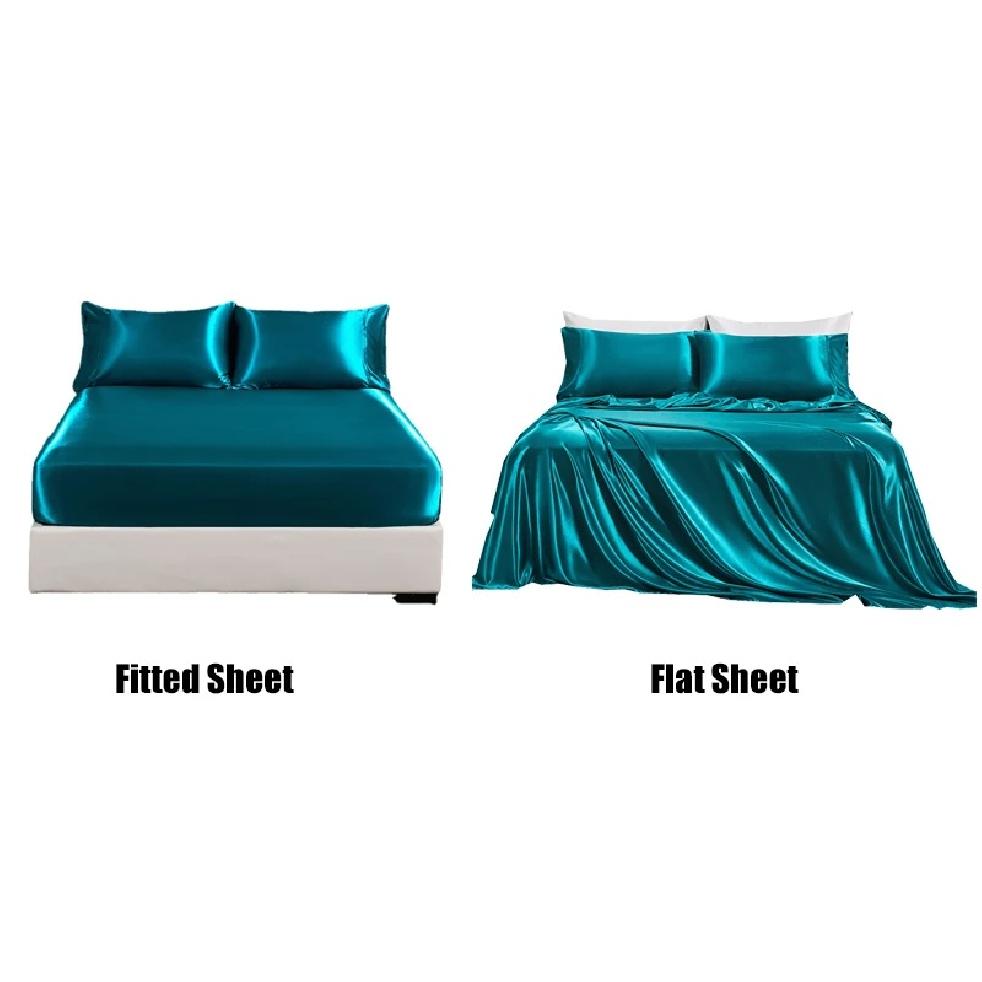 Summer Luxury Satin Silk-like Bed Sheet Set (Flat Sheet/Fitted Sheet + Pillowcase) Solid Color Mattress Cover Twin Full Queen