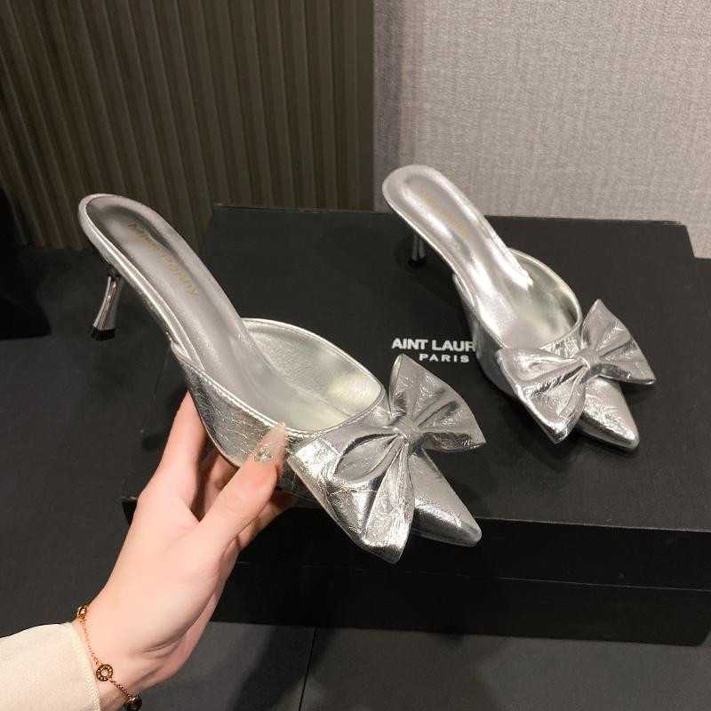 Fashion Bow Women Mules Shoes Pointed Toe High Heels Slippers New Party Sandals Luxury Sexy Woman Brand Party Pumps Zapatos