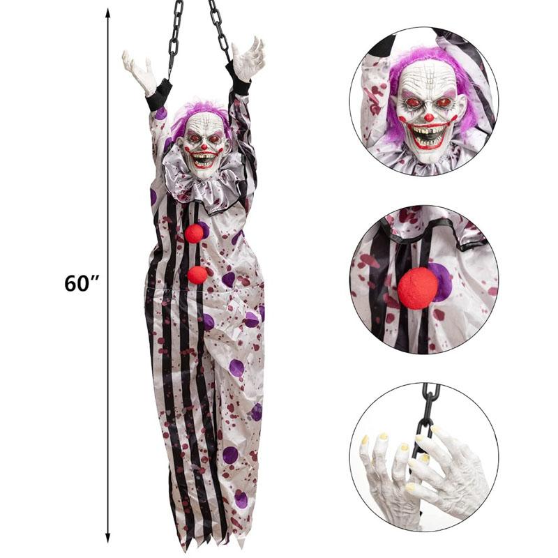 Halloween Animated Hanging Clown Decoration Glowing Eyes Creepy Sound Shaking Body Outdoor Haunted House Horror Prop 60 Inch