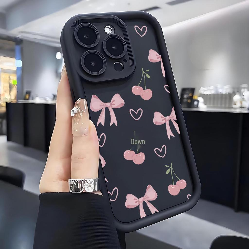 Cherry Bow Black Groove Full Coverage Phone Case for Samsung & iPhone 13 To 17