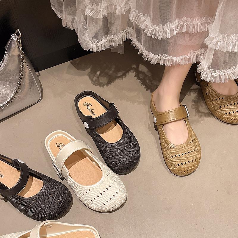 Retro Woven Hollow Bag Head Half Slippers Women's Outer Wear New Spring and Summer Vacation One Pedal Soft Bottom