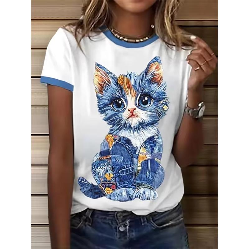 Cartoon Graphic T-Shirt Women's Round Neck 3D Print Animal Cat Pattern Summer Tops Outdoor Casual Short Sleeve Fashion Women Clothing