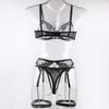 European and American Hot Style Fashion: Four-Piece Erotic Lingerie Set with Metal Chain Embroidery & Leg Garter