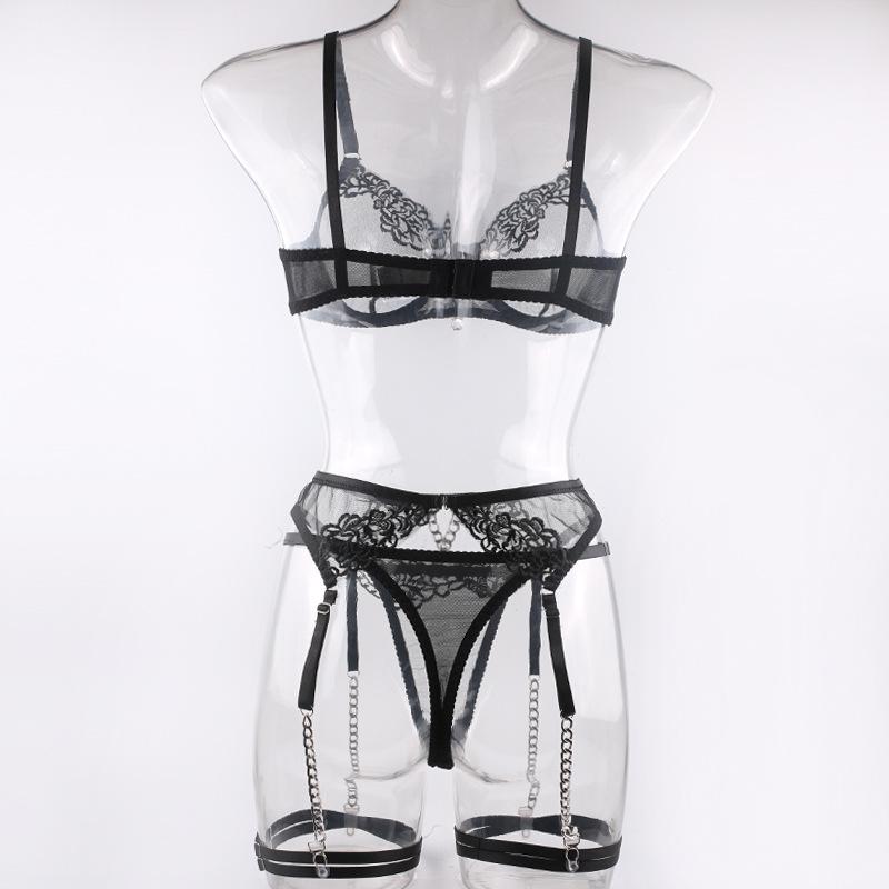 European and American Hot Style Fashion: Four-Piece Erotic Lingerie Set with Metal Chain Embroidery & Leg Garter