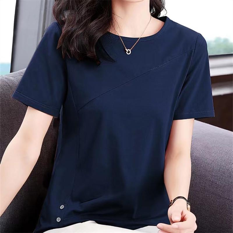 

Women s Plus Size Solid Color Short Sleeve T-shirt - 2026 Summer Style for Middle-aged Mothers, Loose and Fashionable Top L синий