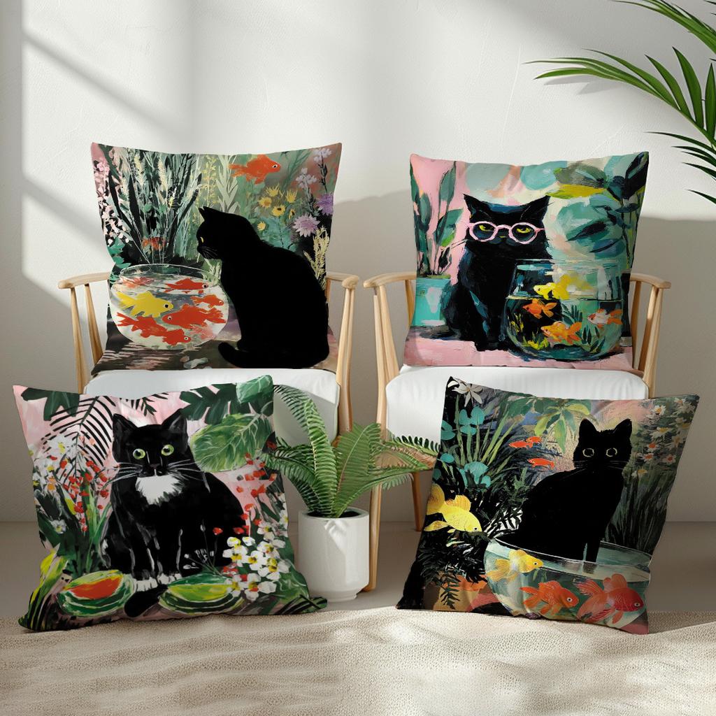 1/4pcs 45x45cm Cute Black Cat Fish Bowl Oil Painting Style Throw Pillow Covers Cushion cover