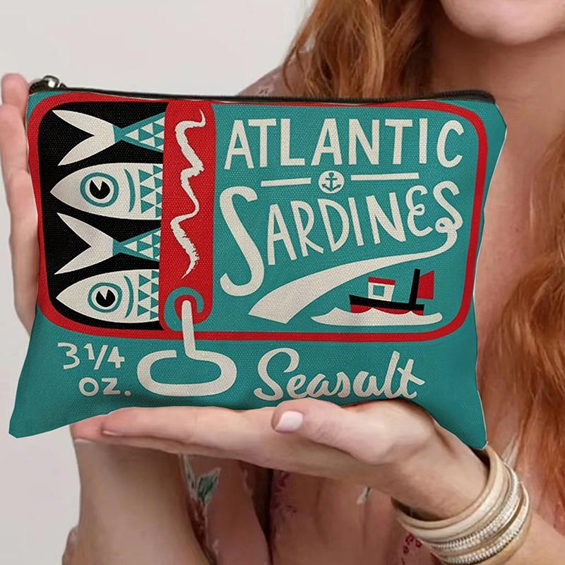 Vintage Canvas Cosmetic Bag Simple Large Capacity Makeup Bag Female Travel Clutch Toiletry Bag Retro Sardines Olive Oil Design