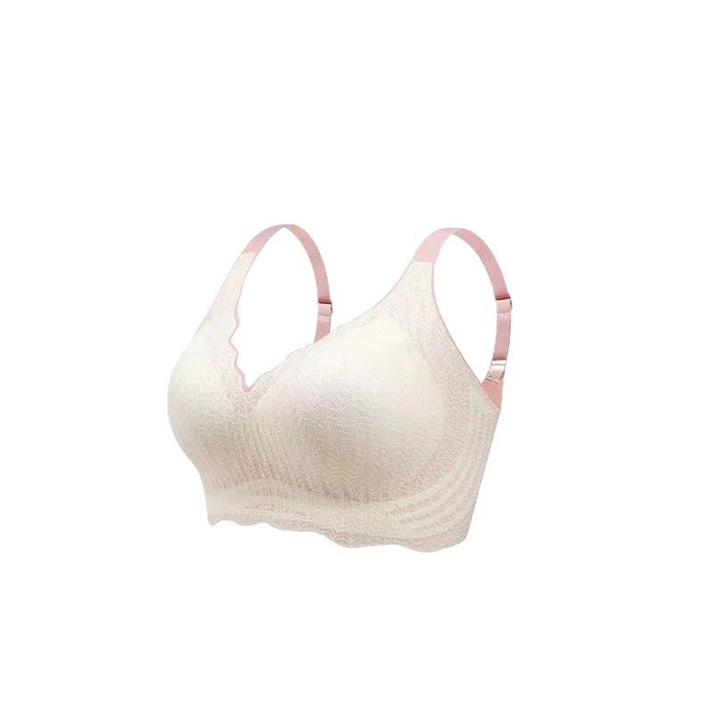 Hellrosa Spitze kabelloser BH mit verstellbaren rosa Trägern und Muschelkante