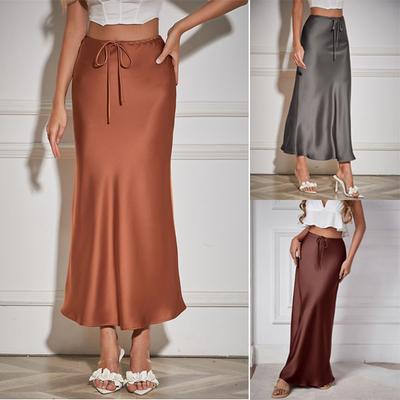 Maxi Skirt Women High-Waist Smooth Satin Long Skirt with Zipper Solid Color Spring Autumn Women Hip Wrapped Fishtail Skirt