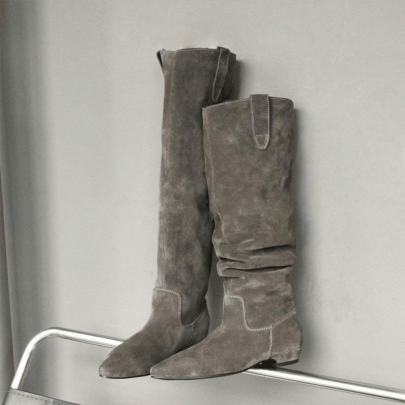 

2025 осень и зима новые, но до колена плиссированные остроносые сапоги на низком каблуке с голенищем, женские черные облегающие длинные сапоги-рыцари 35 серый