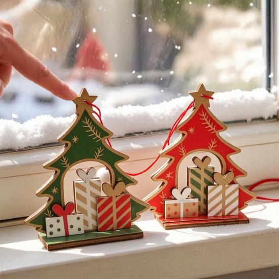 Wooden Christmas Tabletop Decorations Tree Decoration, Winter Xmas Gift Box Tiered Decorative Figurines for Home Tray Centerpiece, Rustic Table