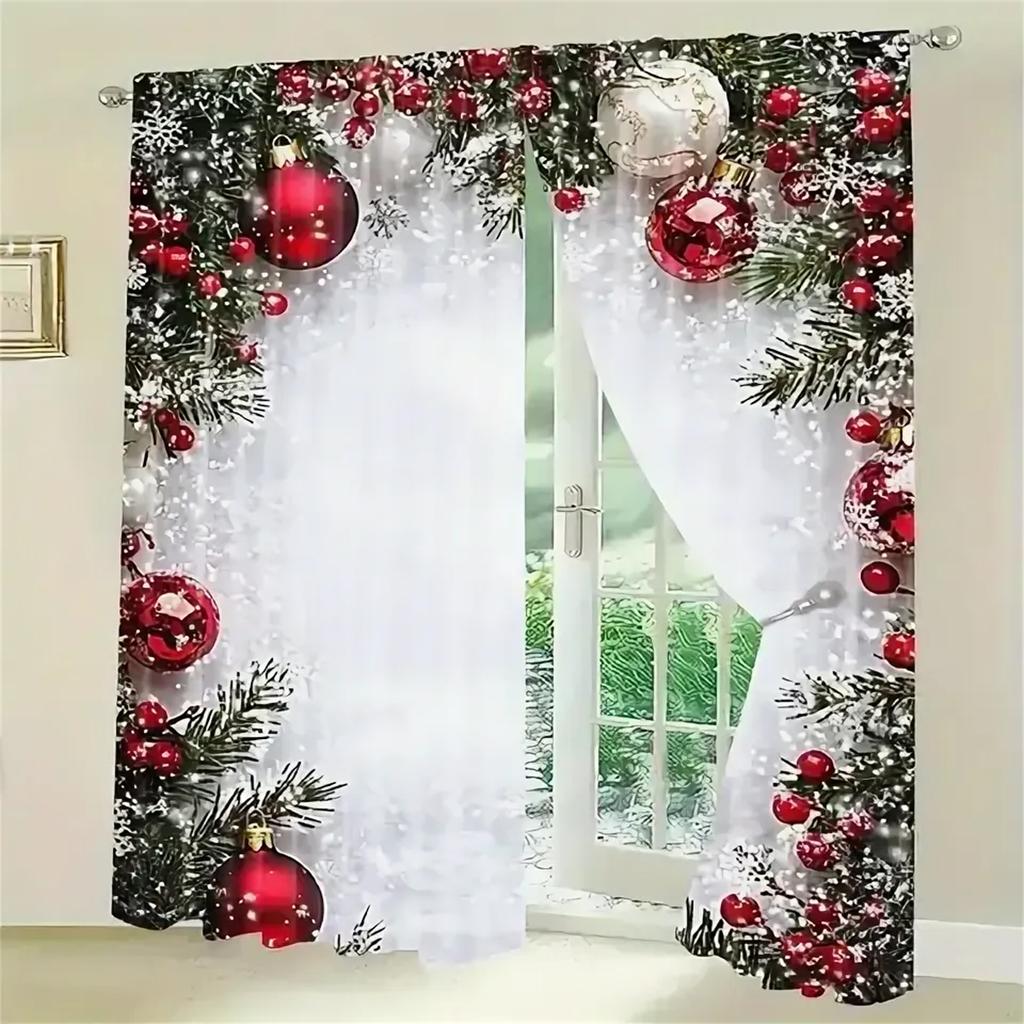 Party Essential Red Berries Pattern 2PCS Christmas Printed Curtains Luxurious Style Xmas Ball Holiday Windowcurtain