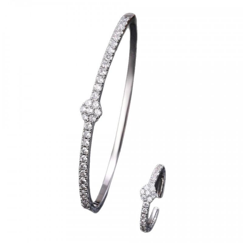 Elegant Four-Leaf Clover Zirconia Bracelet Ring Set Women Open Design Gold/White Gold Plated Copper Jewelry