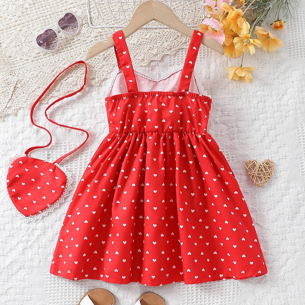 Dress For Girls 1-8Y Birthday Korean Style Fashion Lace Trim Heart Pattern Dress with Matching Bag