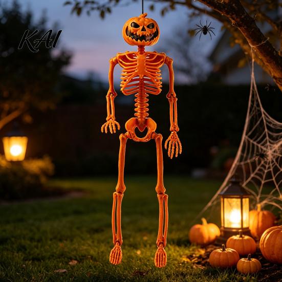 Hard Plastic Skeleton 40cm Pumpkin Head for Halloween Decoration, Movable Joint Flexible Jointed Figure Skull Figurine with Hanging Lanyard,