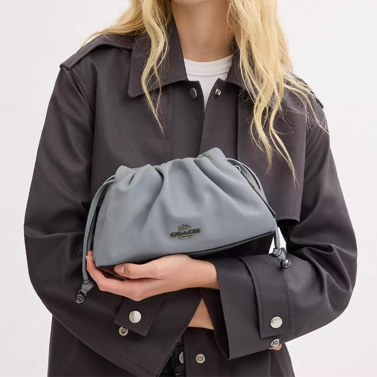 Coach Faye 26 Logo Drawstring Magnetic Closure Smooth Leather Cloud Bag Women Handbags Gray Blue CV529-QBN19