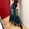 Asymmetrical Hem Denim Skirt Women Long Fringe  Skirts Trendy Outfit Clothes