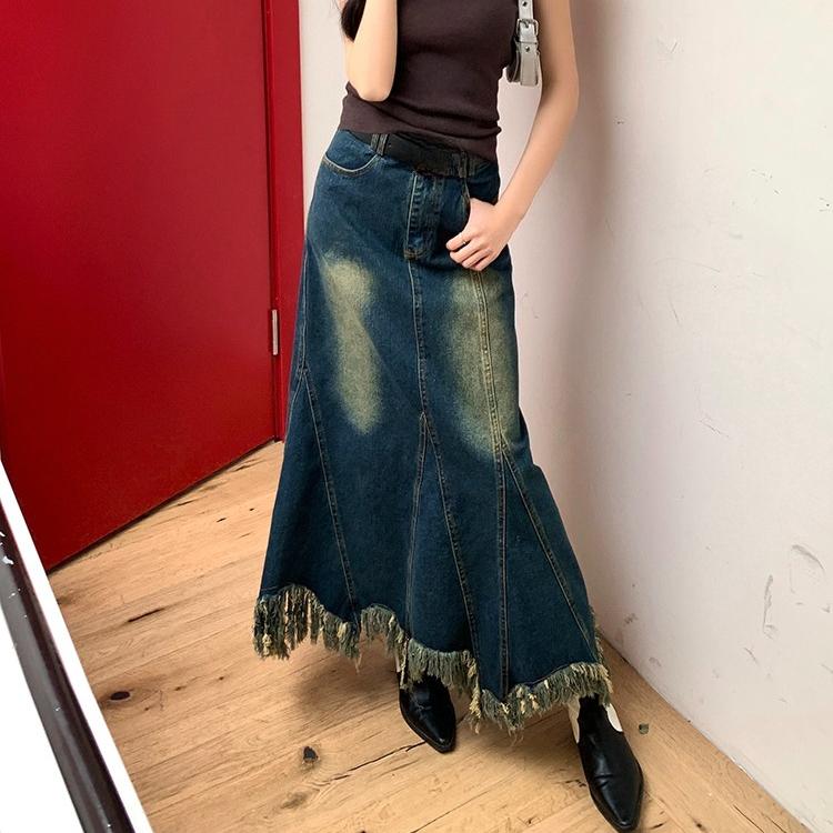 Asymmetrical Hem Denim Skirt Women Long Fringe  Skirts Trendy Outfit Clothes