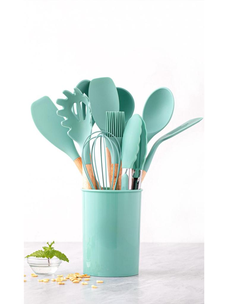 12-Piece Silicone Kitchenware Set with Wooden Handles: Non-Stick Cooking Spatulas and Tools