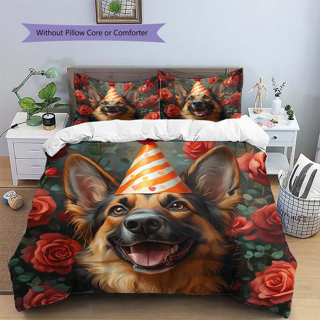 Rose Dog for Birthday Pattern Bedding Quilt Set  Home Decoration  Gift (1 * duvet cover + 2 * pillowcase  without core)
