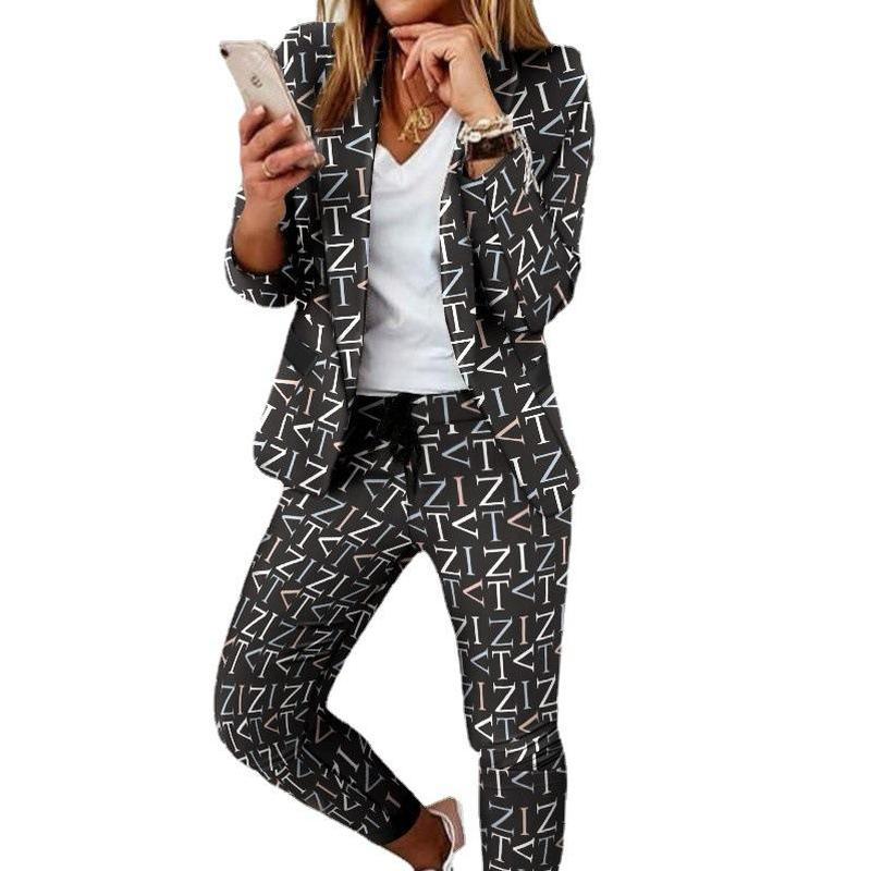 Long Sleeve Blaze Women 2 Pieces Elegant Slim Fit Jacket Formal Office Work Pant Lapel Coat Set