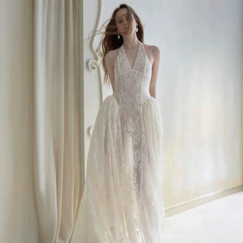 Mori light wedding dress, neck V-neck halter, fishbone girdle waist perspective lace long pendulum fairy dress