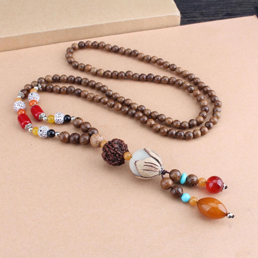 Ethnic Style Bodhi Sweater Necklace with Cotton Linen and Wood Prayer Beads
