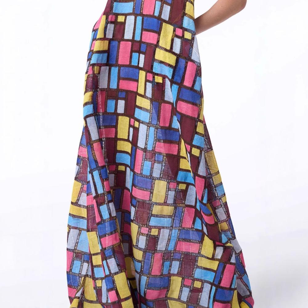 Abito Maxi da Donna Girocollo Senza Maniche Stampa Geometrica Vestibilità Larga Vita Elastica Abito Lungo Casual per le Vacanze