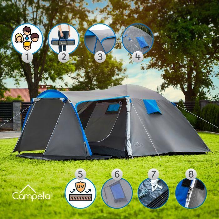 Tente Dôme Familiale 4 Personnes Avec Auvent, Imperméable 3000 Mm, Campela Tropical 4 (CA0013GRY)