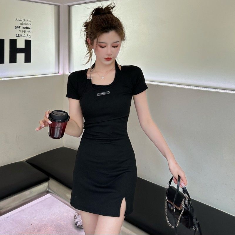 Fake two pieces of neck hanging summer new celebrity little black dress Spice girl dress temperament slim and thin hip-wrapped short skirt