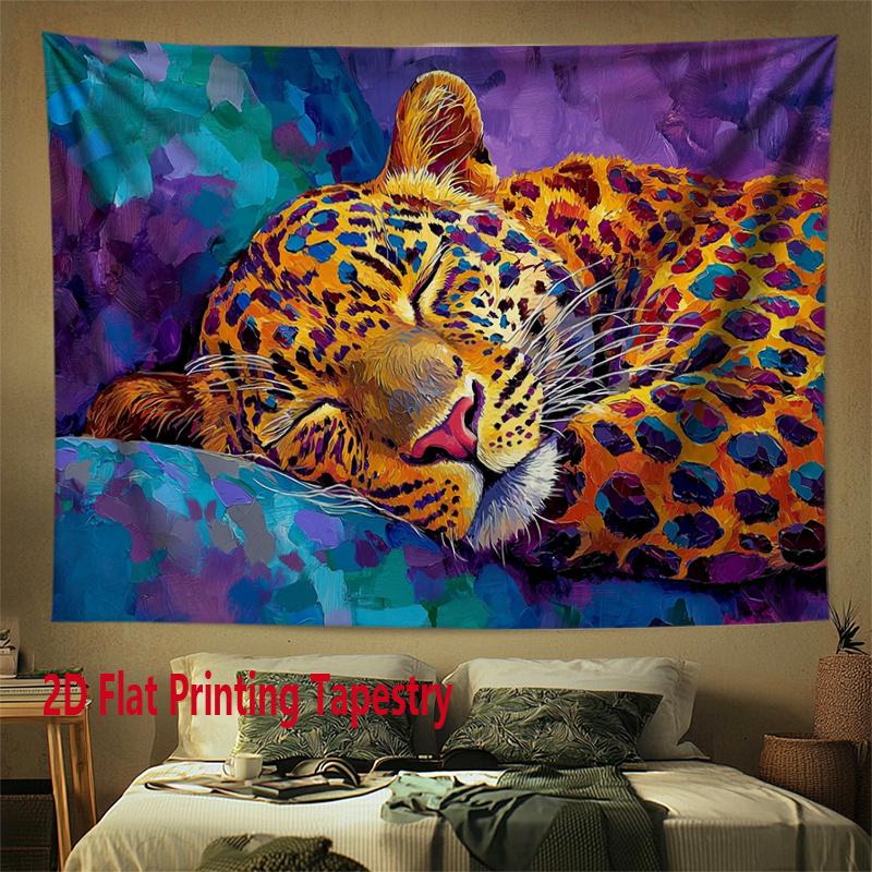 1Pcs Colorful Oil Painting Leopard Tapestry, Sleeping Leopard Wall Hanging, Aesthetic Room Decor Suitable Offices Bars Party