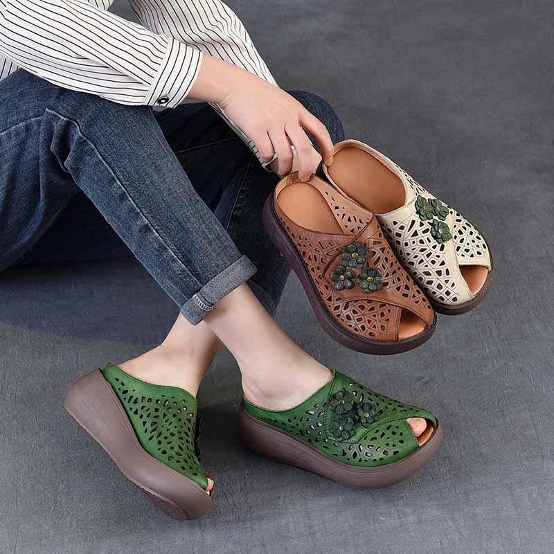 Fashion 6cm Genuine Leather Appliques Flower Wedge Slipper Platform Sandals Peep Toe Fashion Women Hollow Fashion Summer Shoes