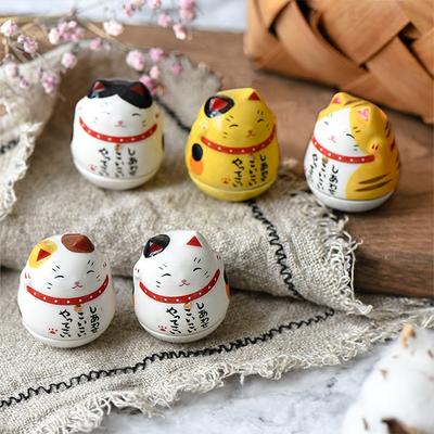 Set of 5 Japanese Mini Lucky Cat Figurines – Ceramic Daruma Cat Desktop Ornaments
