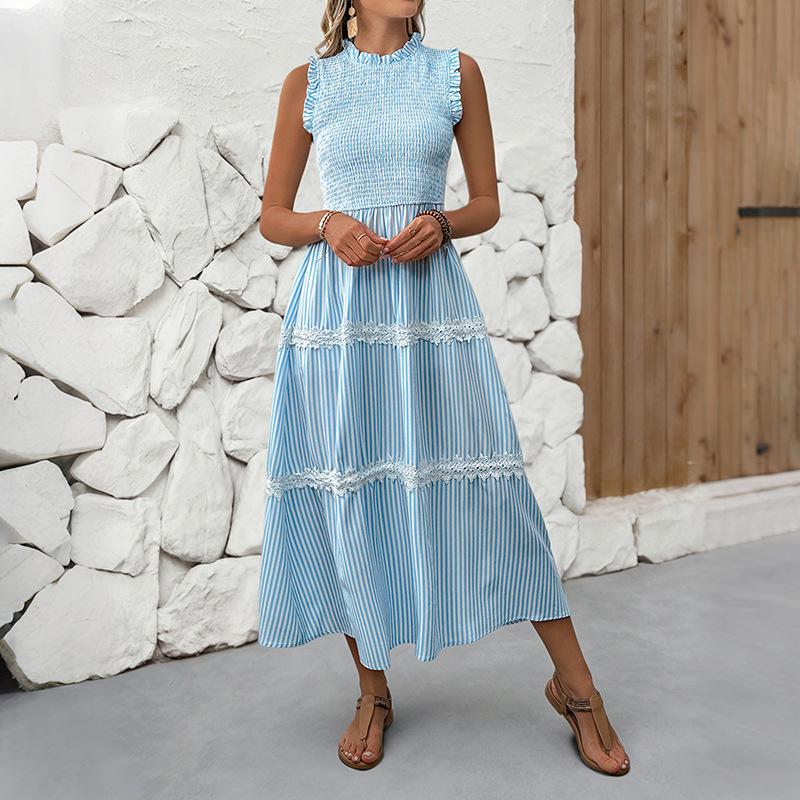 Summer 2026 Middle East High-End Lace Trim Patchwork Maxi Slip Dress with French Stripes