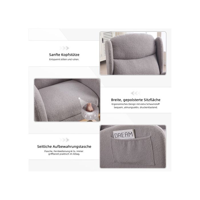 Fauteuil À Structure En Bois Avec Repose-pieds Réglable Et Dossier Haut, Fauteuil Décoratif Pour Chambre À Coucher Et Salon, Gris