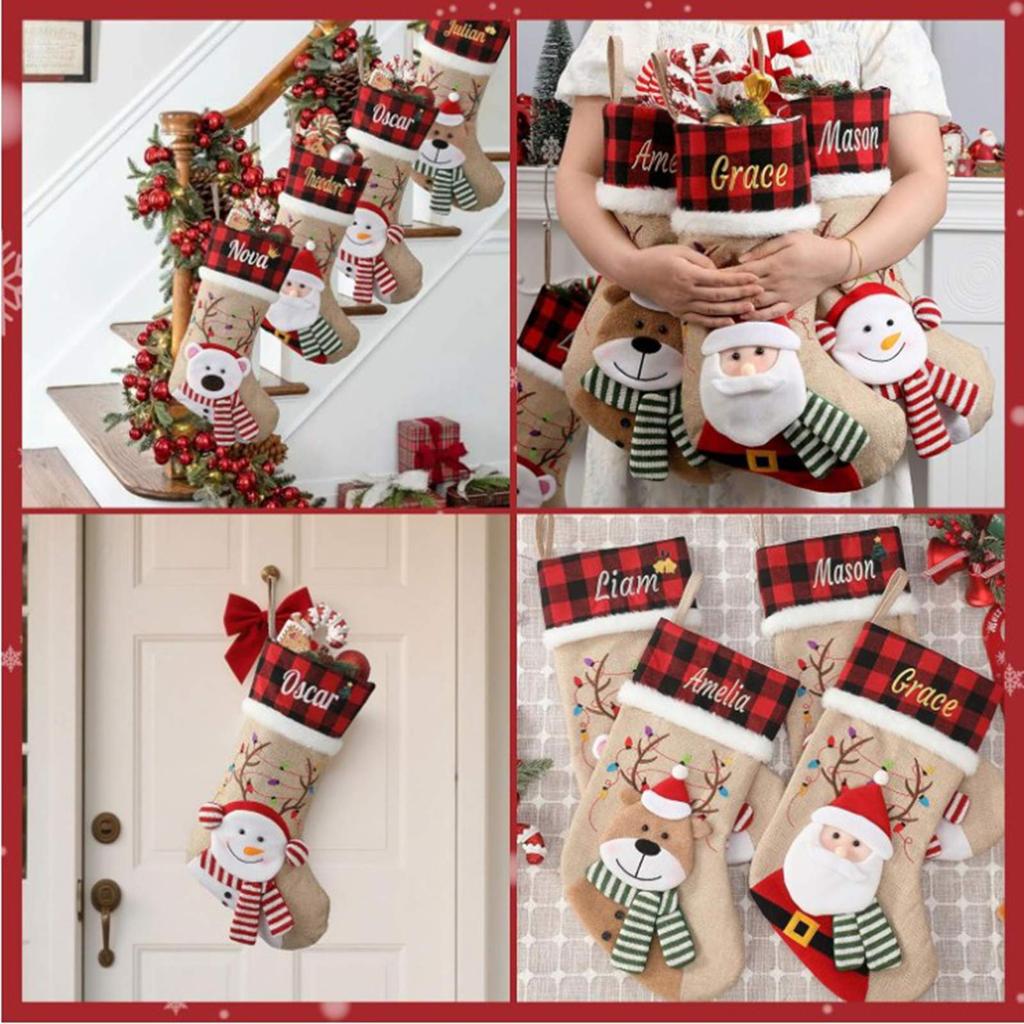 Custom Stocking With Embroidered Name & Festive Pattern, 3D Design Warm Brown Xmas Stocking Family Kids