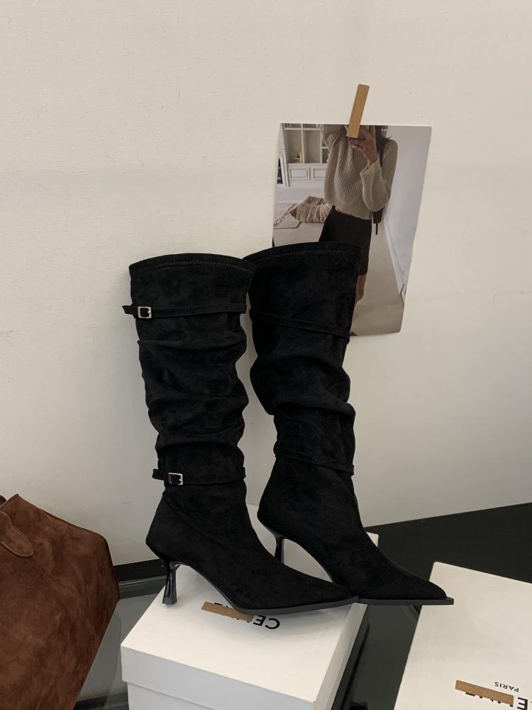 

Korean version of retro pointed thin heel boots women s 2025 autumn and winter new versatile and thin elastic thin boots fashion boots 35 чёрный