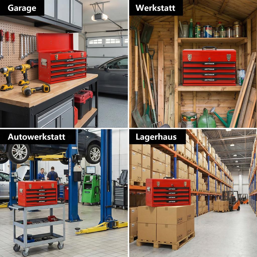 20-Inch Steel Tool Box with Drawers – Tool Storage Box with Metal Latch – Powder-Coated Tool Cabinet (RED)