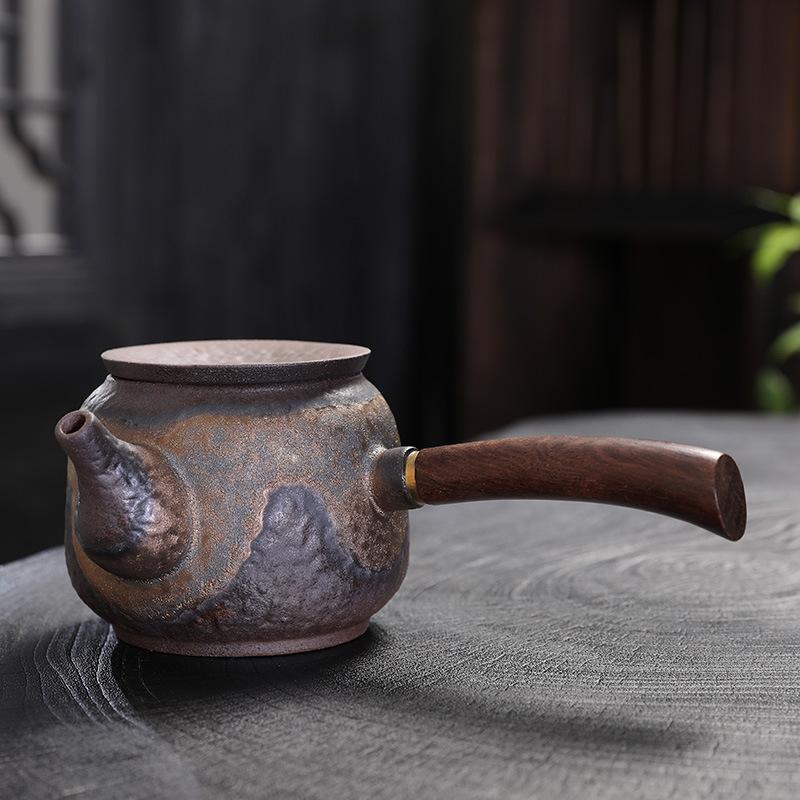 Coarse Pottery Gilt Iron Glaze Side Handle Pot Single Pot Brewing Teapot Teacup Retro Firewood Burning Kung Fu Tea Set