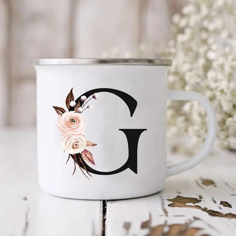 Initial Letter Print Mugs Enamel Creative Coffee Cups Drinks Wine Juice Milk Cup Vintage Home Office Handle Drinkware Best Gifts