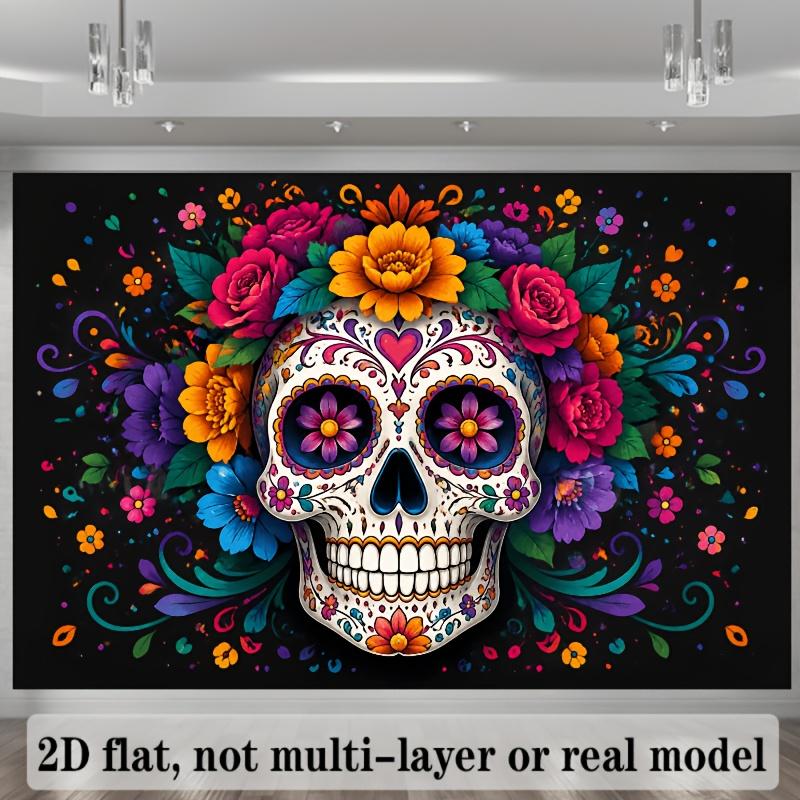 2D Planar Theme Background Fabric for Halloween Sugar Skulls, Decorated with Various Colorful Floral Patternszyc