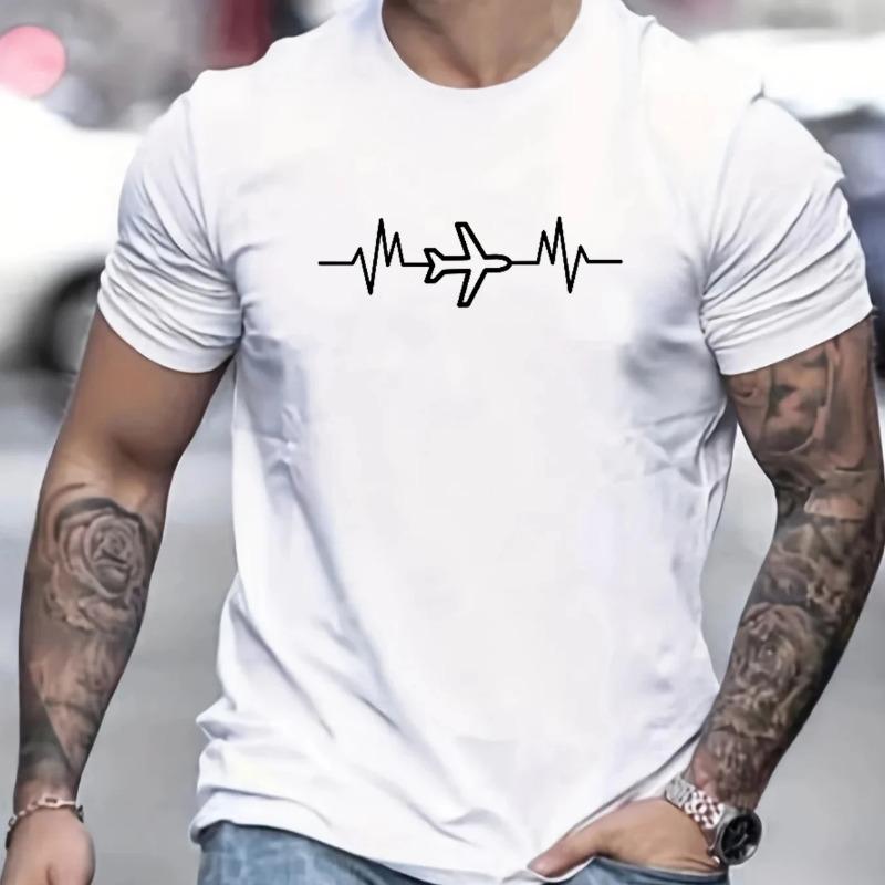 Men's 100% Cotton Summer Loose Size Creative Aircraft Graphic Print Casual Fit Round Neck Short Sleeve T-shirt Top