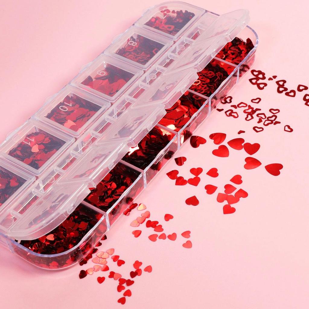 12 Gitter Valentinsrot Liebesherz Pailletten Nailart Flocken Kreuze Dekoration für Gel-Maniküre Zubehör Nagelstylist Zubehör