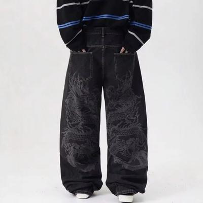 Herren Relaxed Fit Straight Leg Jeans mit distressed Waschung und Grafikdruck - Hip Hop Style Lässige Denim-Hose