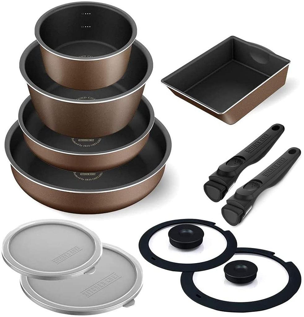 IRIS OHYAMA Frying Set Chestnut for with Measuring Measuring Oven Detachable Egg and and Easy To Series 10-Piece Pan/Pot/Handle (PDCI-S10S, Brown)