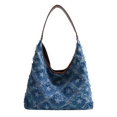 Denim-Tragetasche mit Sternenprint und ausgefransten Kanten, große Kapazität, lässige Schulter-Handtasche für Damen