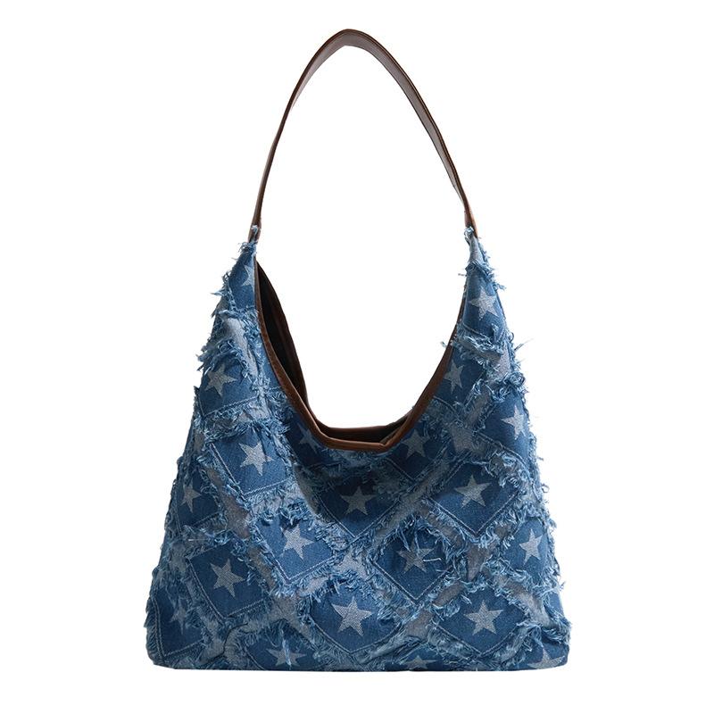

Джинсовая сумка-тоут с принтом звезд и потертостями, большая вместимость, повседневная сумка через плечо/в руку для женщин светло-синий