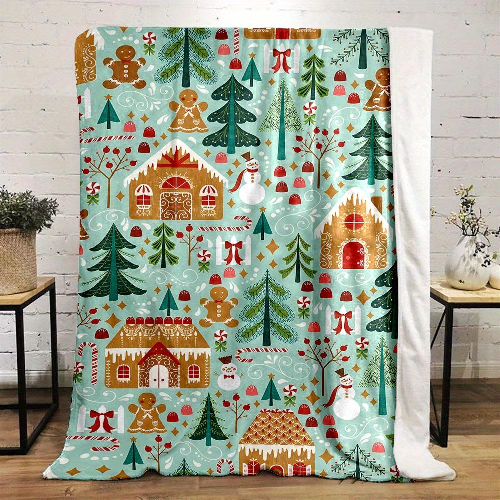 Cozy Christmas House Printed Flannel Blanket - Soft Washable Double-Sided All-Season Bedspread with Snowy Winter Scenes, Gingerb