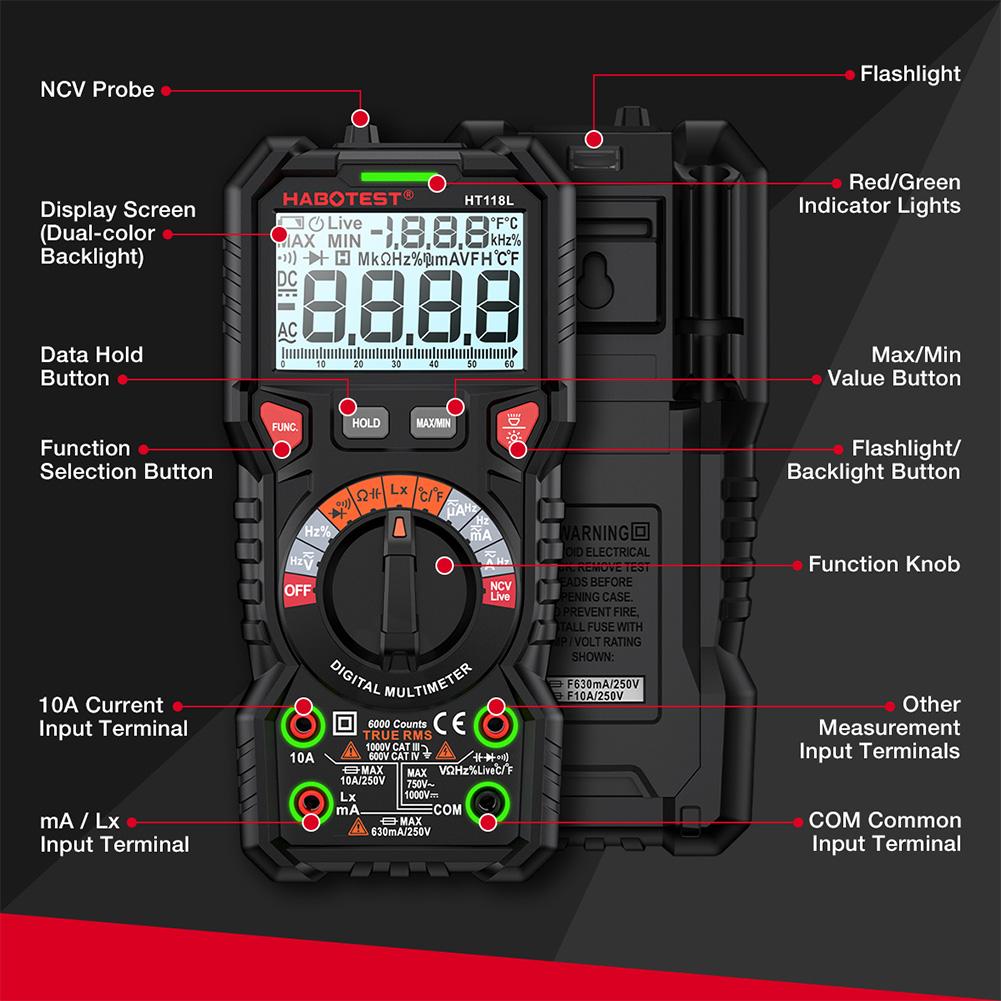 Digital Multimeter 6000 Counts DC/AC Ammeter Voltmeter Non Contact Voltage Detector LCD Voltage Current Tester Electrician Tools