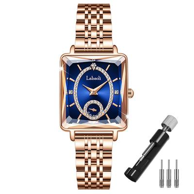 Gold Square Wristwatch with Stainless Blue Women's Diamonds, Waterproof, Simple, Stylish, Casual, Business, Steel, Small, Luxury, Gift,
